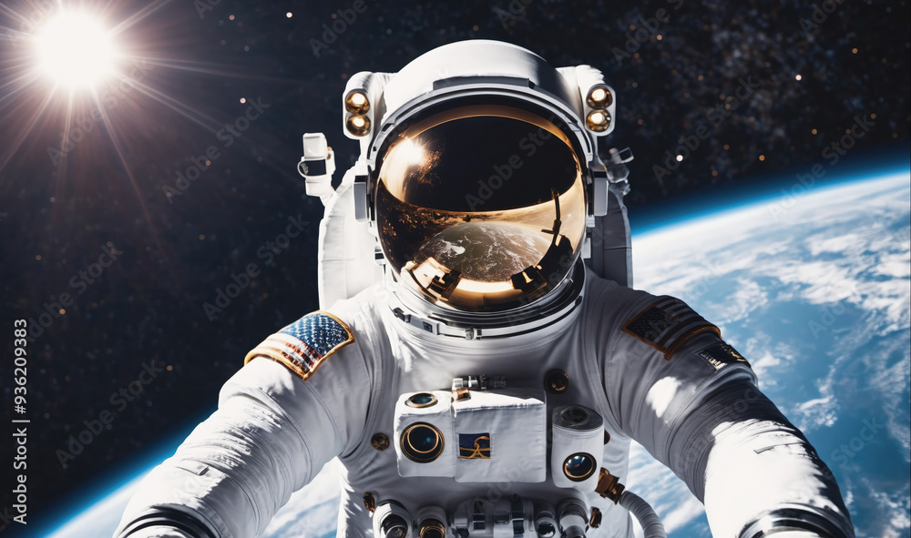 An astronaut floats in space, taking a selfie with Earth in the background An astronaut floats in space, taking a selfie with Earth in the background