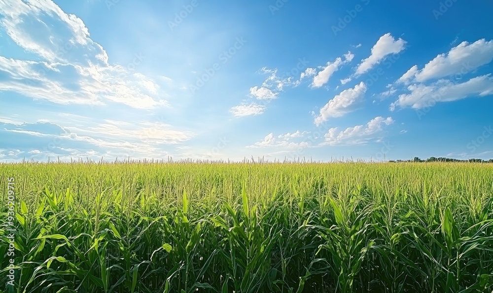 Closeup view on the green corns on the cornfield under the sunset light