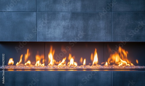 Flames burning brightly in a modern fireplace photo