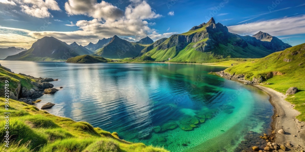 Fototapeta premium Coastline with mountains, grassy slope, and emerald water, coastline, mountains, grassy slope, emerald water, nature