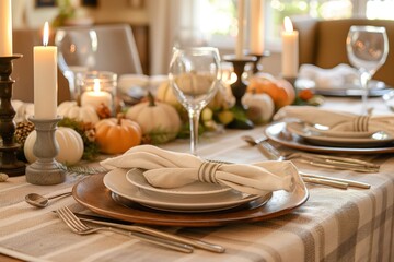 Stylish Thanksgiving table setting with beautifully laid napkins, candles and festive dishes