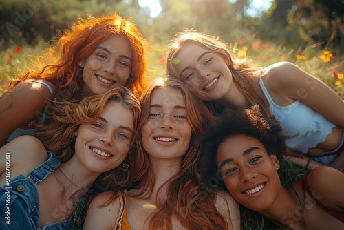 Group of female friends laying down on the grass field