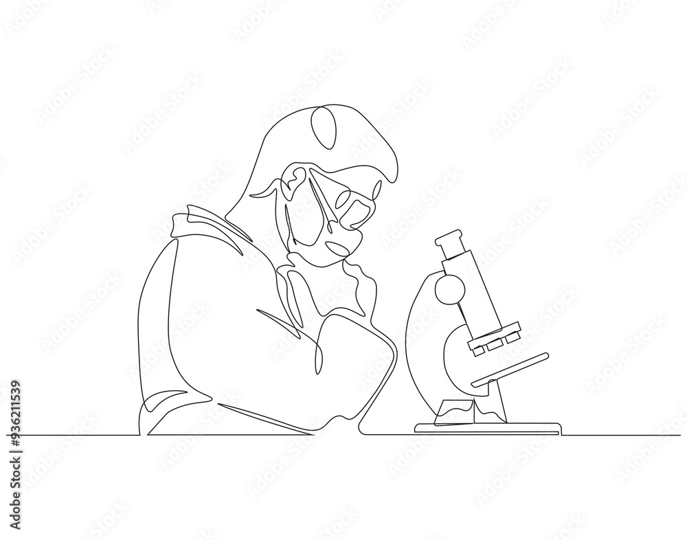 Continuous one line drawing of scientist using microscope in laboratory. One line drawing illustration of scientist with microscope. World science day concept line art. Editable outline. Continuous one line drawing of scientist using microscope in laboratory. One line drawing illustration of scientist with microscope. World science day concept line art. Editable outline.