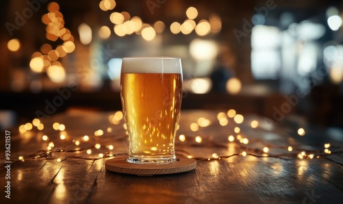 Glass of light beer on wooden coaster, garland lights on background