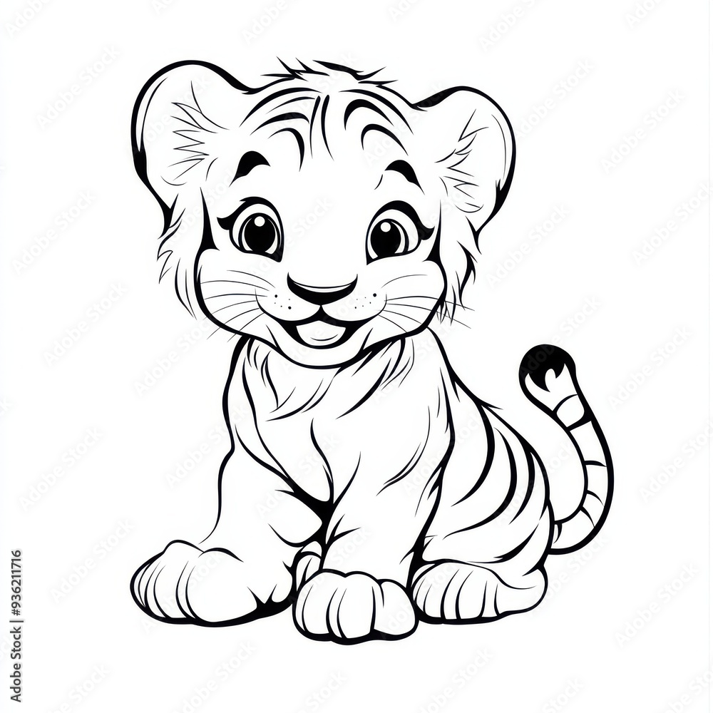 Outline illustration of a black and white tiger for drawing and coloring on white background Outline illustration of a black and white tiger for drawing and coloring on white background