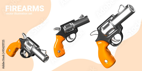 Drum revolver in different positions. Classic pistol in realistic style