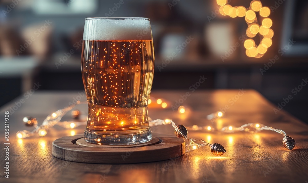 Glass of light beer on wooden coaster, surrounded by garland lights Glass of light beer on wooden coaster, surrounded by garland lights