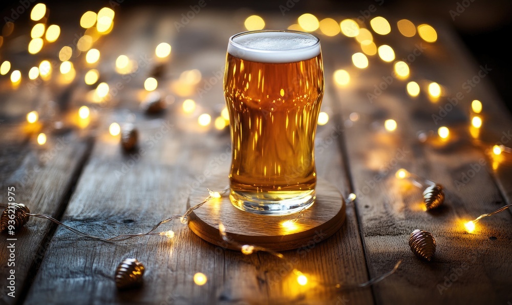 Glass of light beer on wooden coaster, surrounded by garland lights Glass of light beer on wooden coaster, surrounded by garland lights