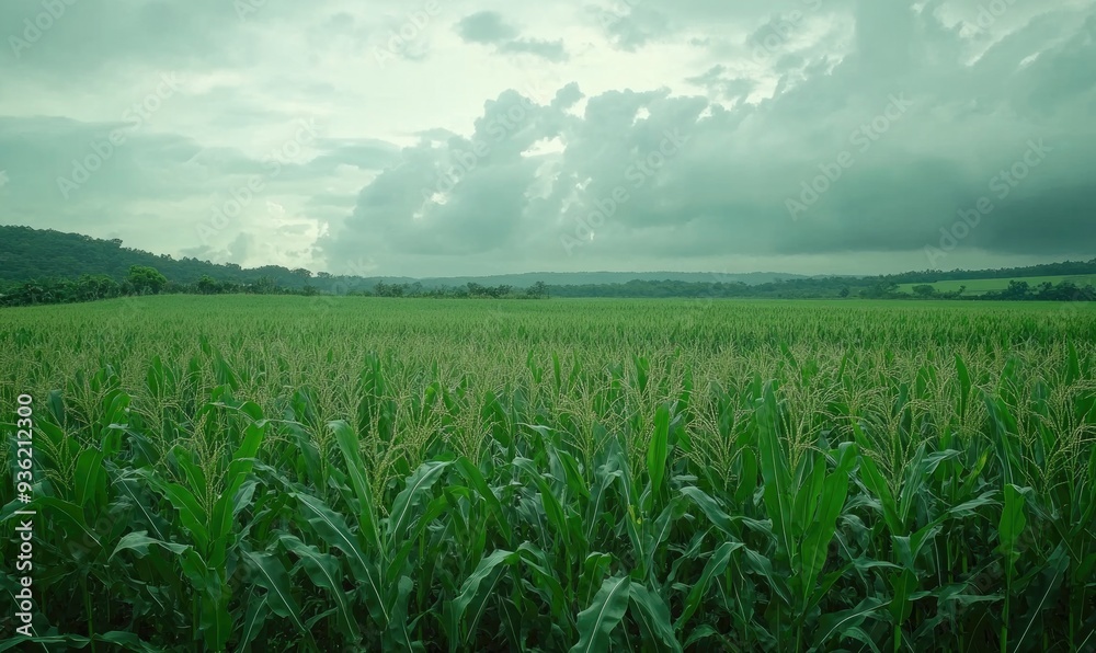 Green cornfield under cloudy sky Green cornfield under cloudy sky