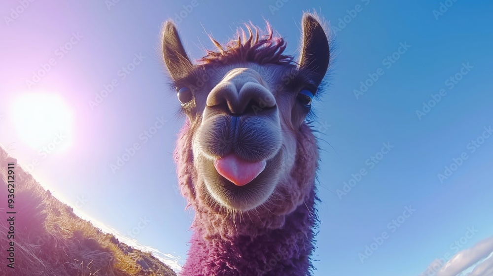 Obraz premium purple lama licking camera --ar 16:9 --v 6.1 Job ID: 2ad2fab4-a673-46ea-88f3-c39df7e2b8fa