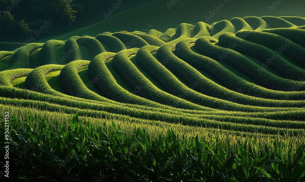 Fototapeta premium View on cornfield, green leaves, endless rows