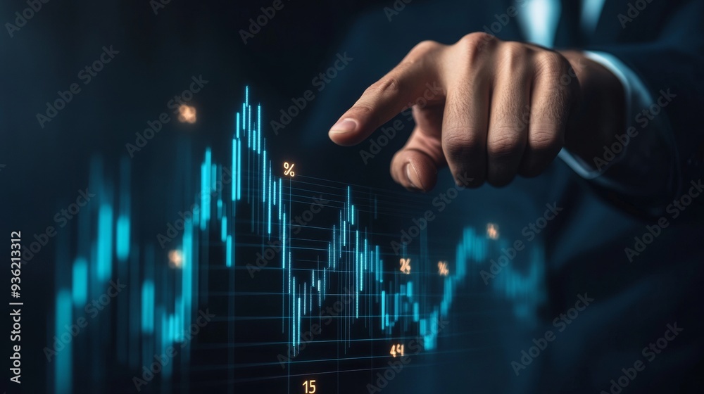 A businessman points to an increasing graph of the company's income. A businessman points to an increasing graph of the company's income.