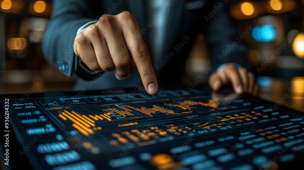 In a suit, a man points to a graph of increasing financial indicators. In a suit, a man points to a graph of increasing financial indicators.