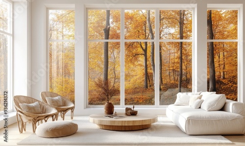 Fototapeta Naklejka Na Ścianę i Meble -  Minimalist Scandinavian living room, white walls, large windows, vibrant fall landscape