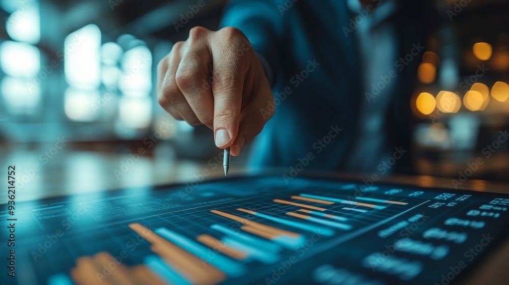 A man in a suit demonstrates a graph of the company's financial growth. A man in a suit demonstrates a graph of the company's financial growth.