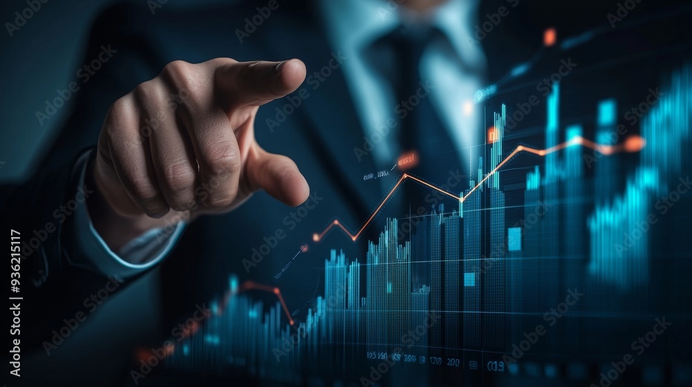 A businessman points to a graph of the company's profit. A businessman points to a graph of the company's profit.