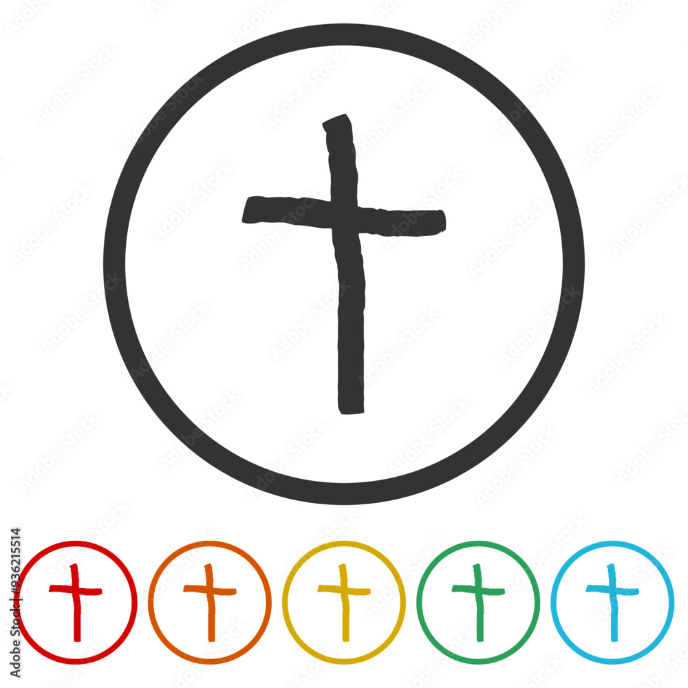 Christian cross hand drawn icon. Set icons in color circle buttons Christian cross hand drawn icon. Set icons in color circle buttons