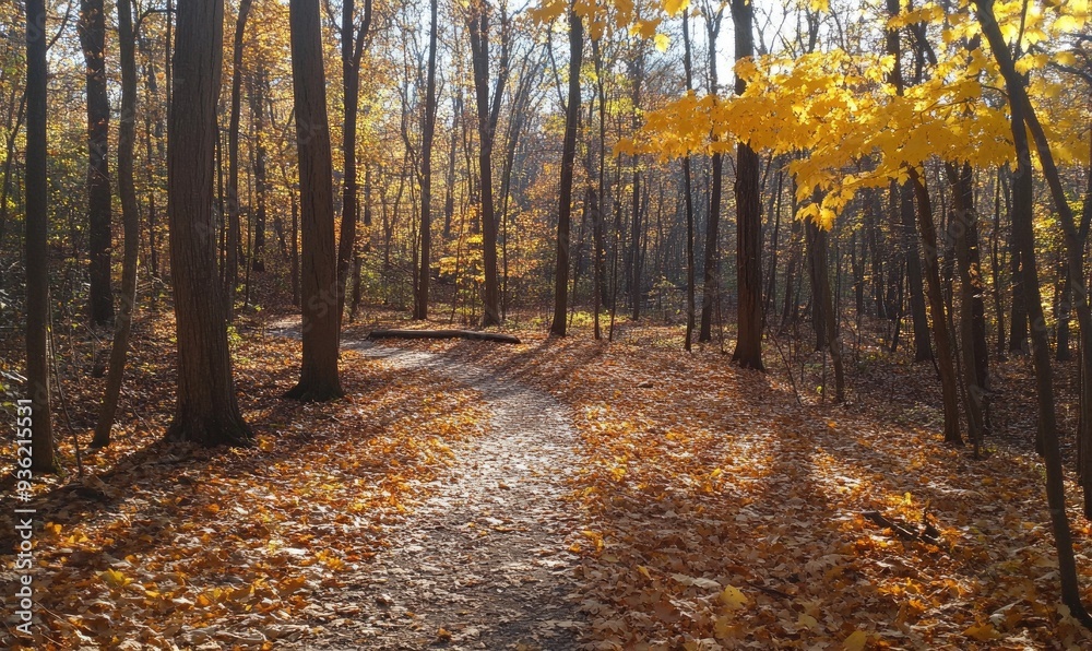 Obraz premium Autumn landscape with forest, winding trail, golden leaves, sunlight filtering through