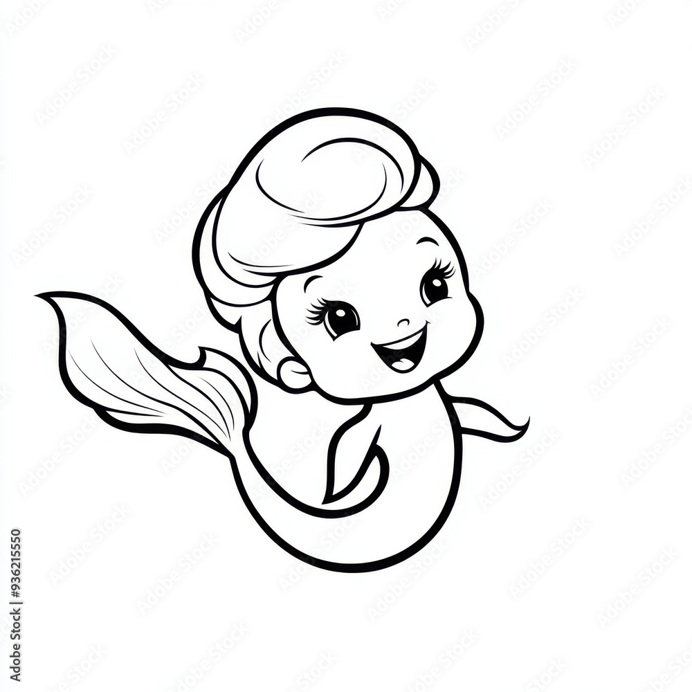 Outline illustration of a black and white mermaid for drawing and coloring on white background