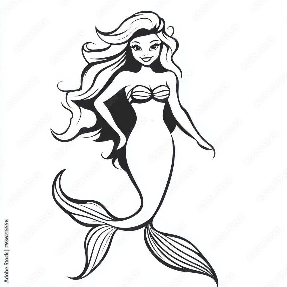 Outline illustration of a black and white mermaid for drawing and coloring on white background Outline illustration of a black and white mermaid for drawing and coloring on white background