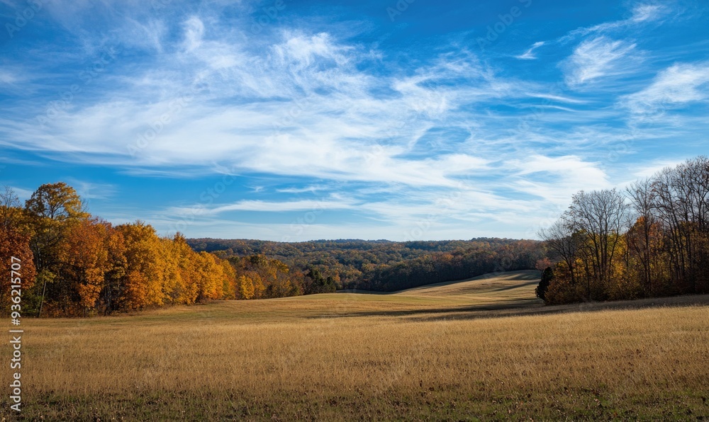 Peaceful autumn view, rolling hills, golden leaves, blue sky Peaceful autumn view, rolling hills, golden leaves, blue sky