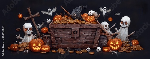 Pirate treasure chest surrounded by glowing spirits and ancient curses, watercolor, haunted Halloween loot photo