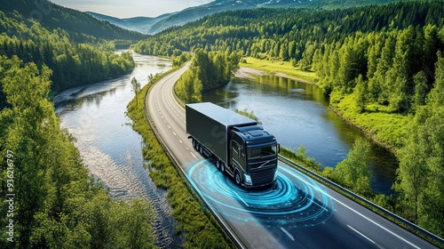 A futuristic truck on the road, an Autonomous truck with artificial intelligence, driving over rivers and lakes. Cargo delivery, transportation of the future. Artificial intelligence. Self-driving. photo