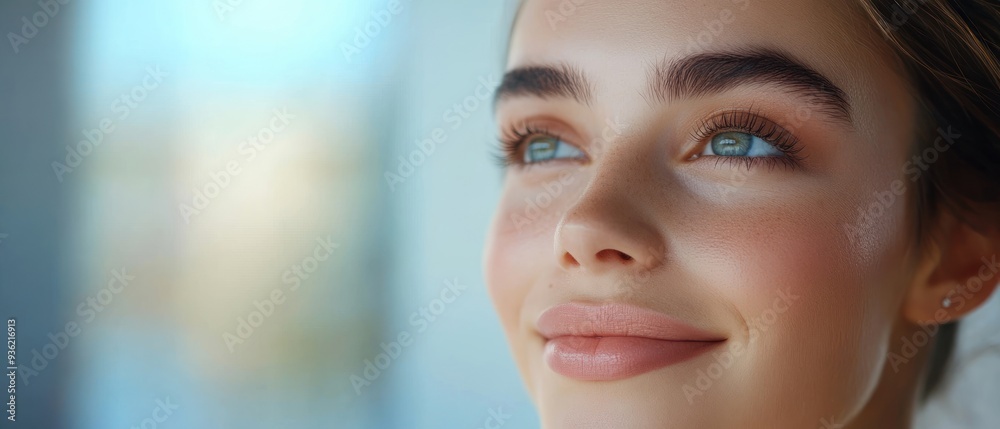 Close-up Portrait of a Young Woman with Blue Eyes and Soft Makeup Close-up Portrait of a Young Woman with Blue Eyes and Soft Makeup