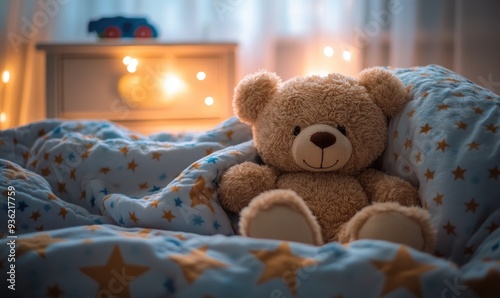 Plush bear nestled in blankets, star-patterned sheets, toy chest in background