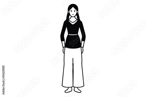 South Asian woman wearing a kurta with palazzo pants line art vector illustration