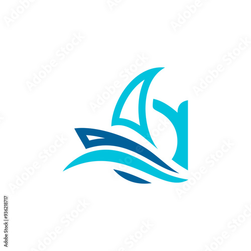 vector logo combination of sailing ship or boat with letters, initials, alphabet, with blue base color for business purposes and others