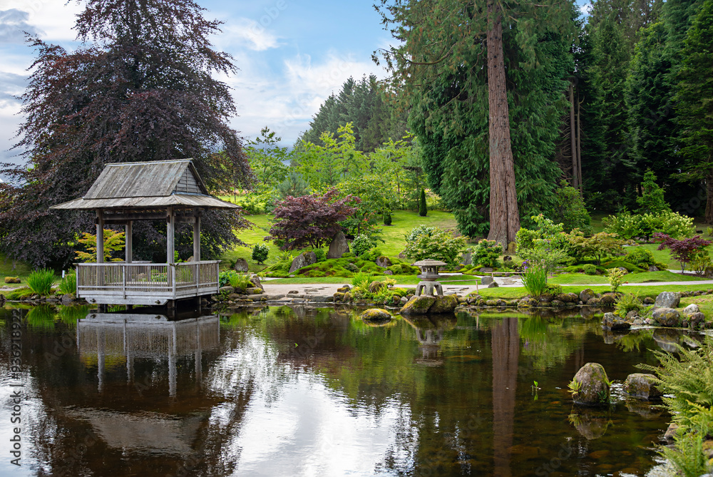 Landscape photography of Japanese style garden with gazebo and pond, park; pavilion, stone; water; grass; reflection; bush Landscape photography of Japanese style garden with gazebo and pond, park; pavilion, stone; water; grass; reflection; bush