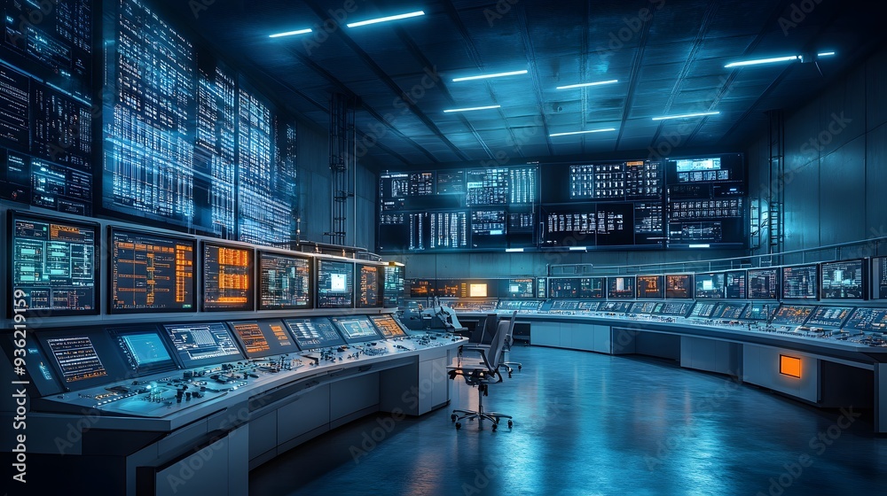 34. An electrical control room with operators monitoring a grid system on large screens 34. An electrical control room with operators monitoring a grid system on large screens