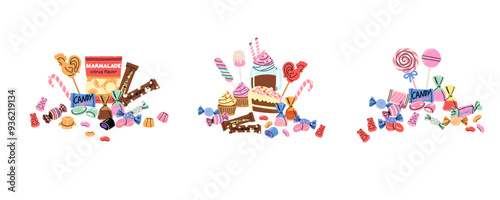 Sweets and candy. Chocolate bars, caramel, toffee, different lollipop on sticks, marmalade bears. Confectionery shop elements. Christmas and birthday kids present cartoon flat isolated illustration