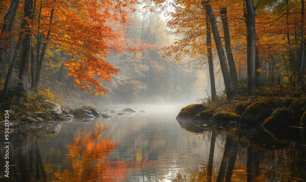 Serene autumn landscape, dense woods, orange and red leaves