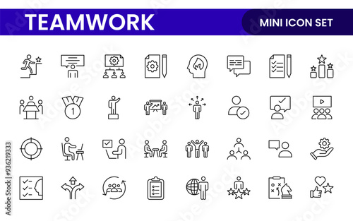 Teamwork linear icons collection. Set of coworking space icons. Business teamwork, team building, work group, and human resources minimal thin line web icon set.