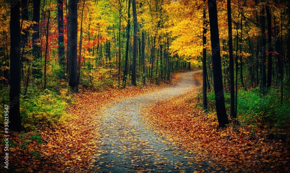 Obraz premium Serene autumn scene, forest, winding path, vibrant foliage
