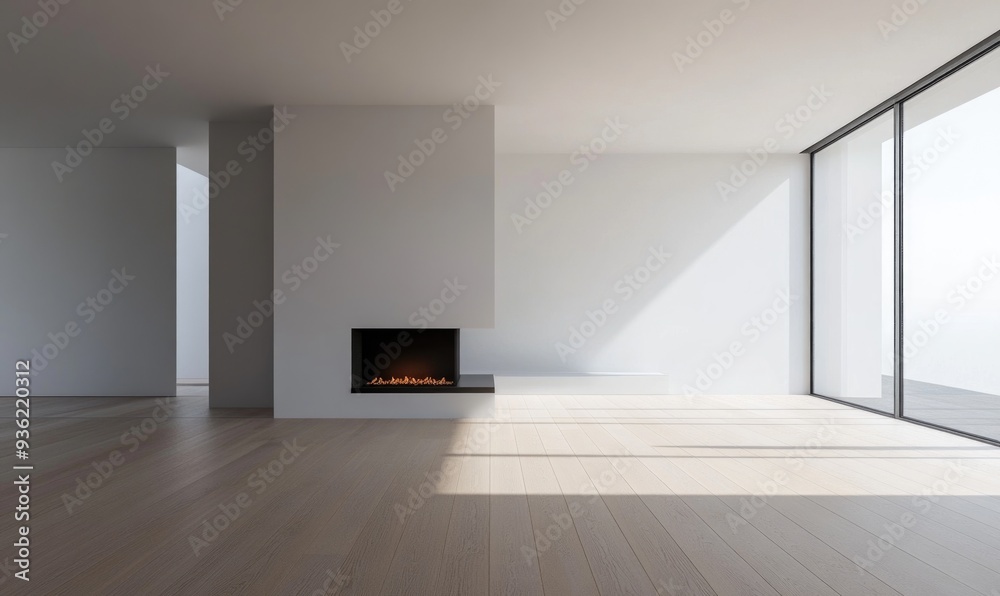 Simple minimalist interior with black fireplace
