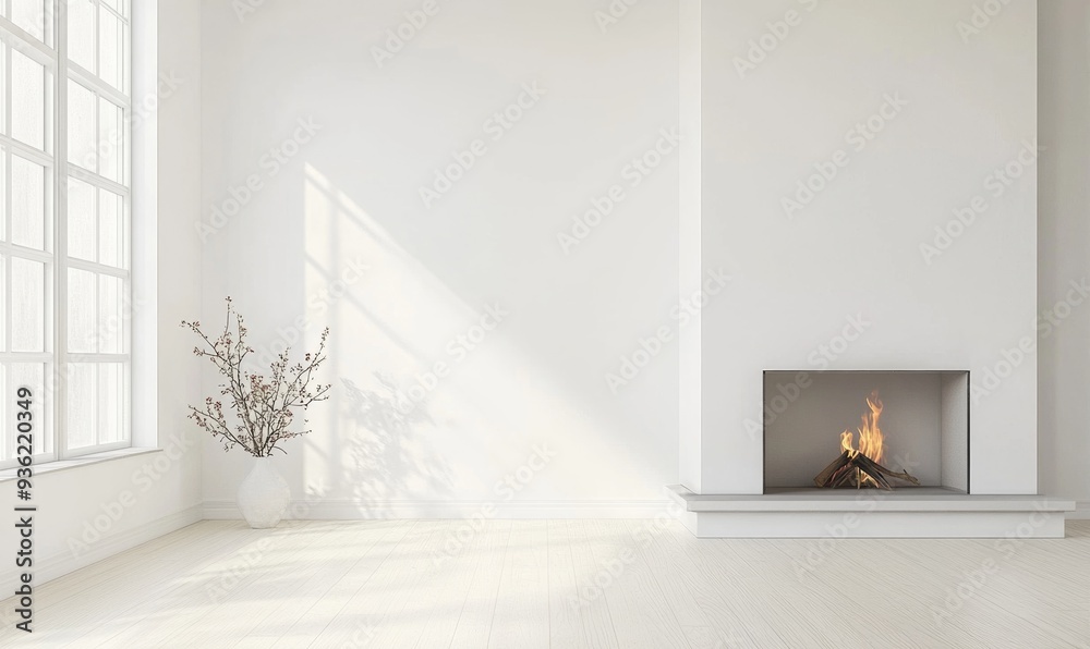 Simple minimalist interior with black fireplace Simple minimalist interior with black fireplace