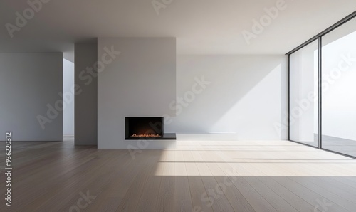 Simple minimalist interior with black fireplace