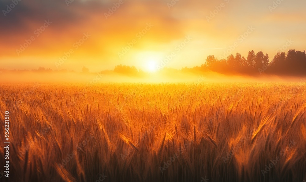 Sunrise over wheat fields, warm glow Sunrise over wheat fields, warm glow