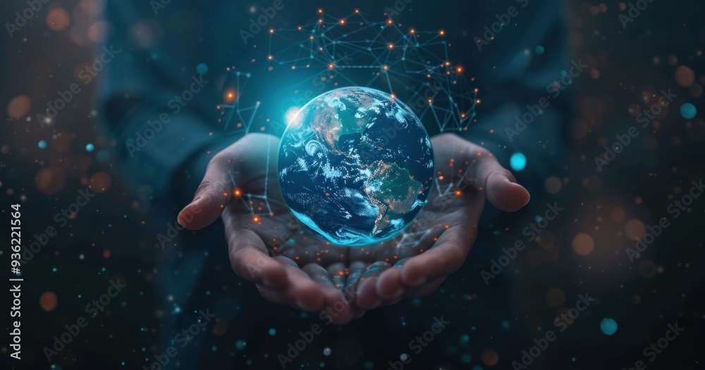 A pair of hands holding a holographic representation of the Earth, symbolizing global connectivity and digital transformation in business Generative AI A pair of hands holding a holographic representation of the Earth, symbolizing global connectivity and digital transformation in business Generative AI