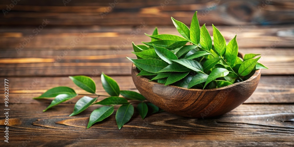 Fresh curry leaves in coconut bowl on wooden background, curry leaves, fresh, coconut bowl, wooden background, natural Fresh curry leaves in coconut bowl on wooden background, curry leaves, fresh, coconut bowl, wooden background, natural