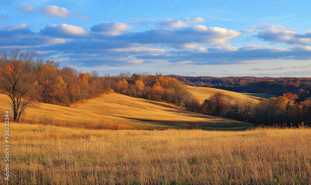 Fototapeta premium Tranquil fall landscape, open field, colorful trees