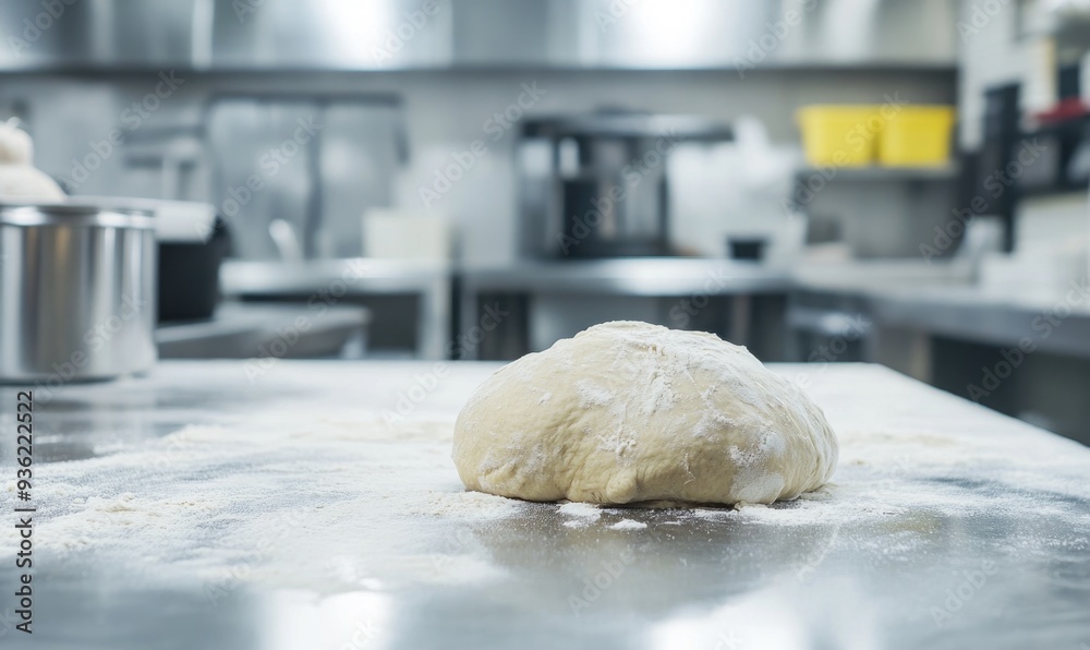 Unshaped bread dough on a metal table, industrial kitchen Unshaped bread dough on a metal table, industrial kitchen