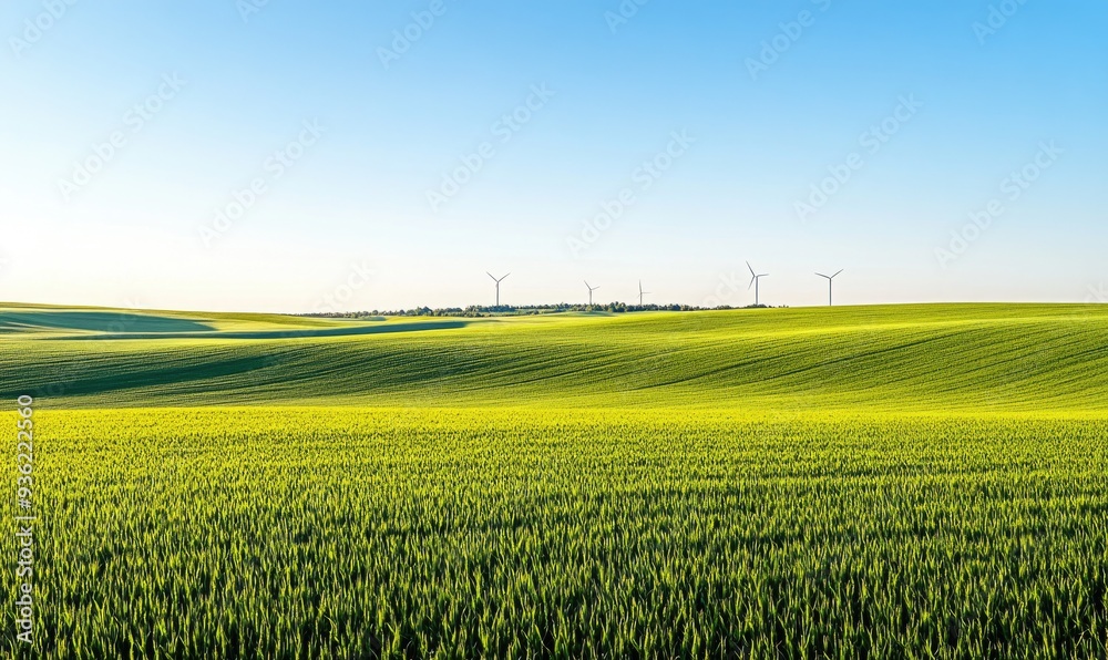 Vast cornfields, wind turbines in the distance, green expanse Vast cornfields, wind turbines in the distance, green expanse