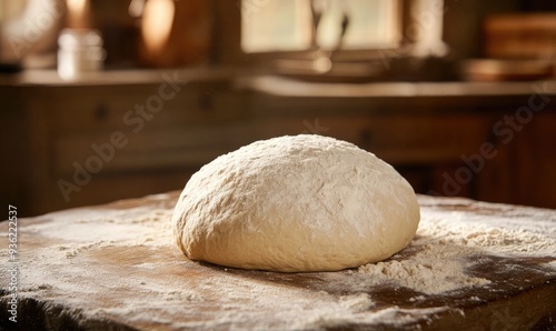 Unshaped bread dough on a stone table, rustic kitchen