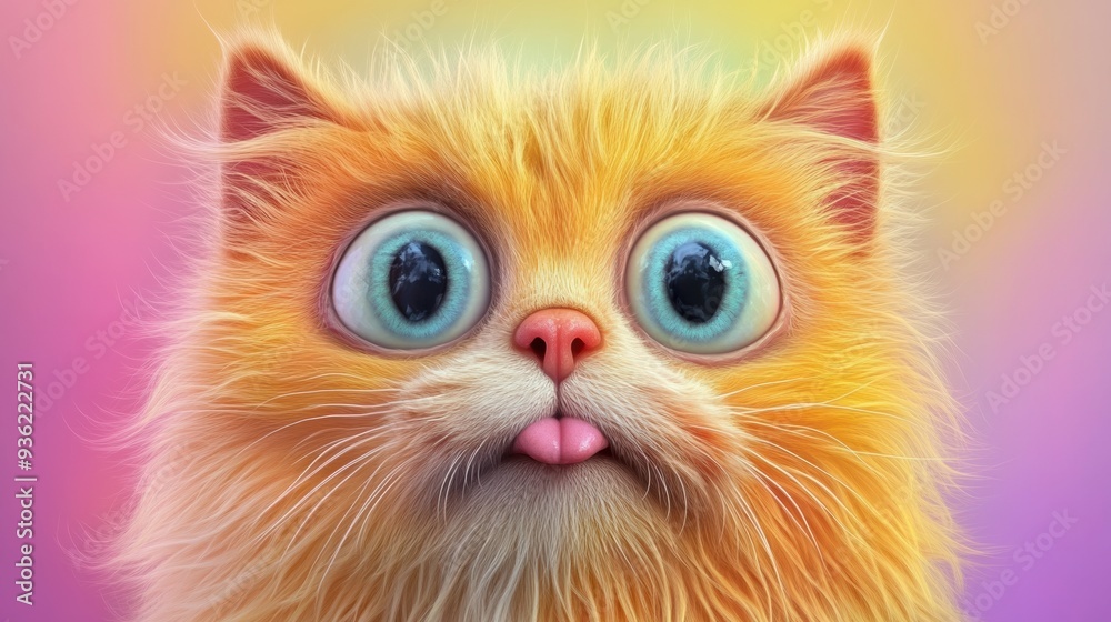 A close up of a yellow cat with big blue eyes, AI
