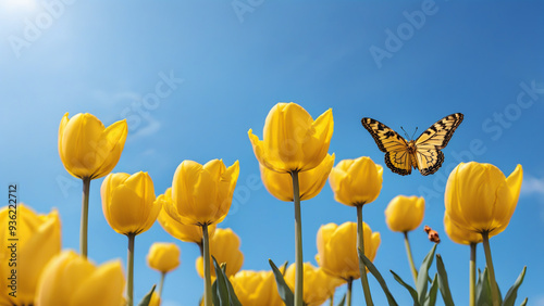 Yellow tulips against blue sky
