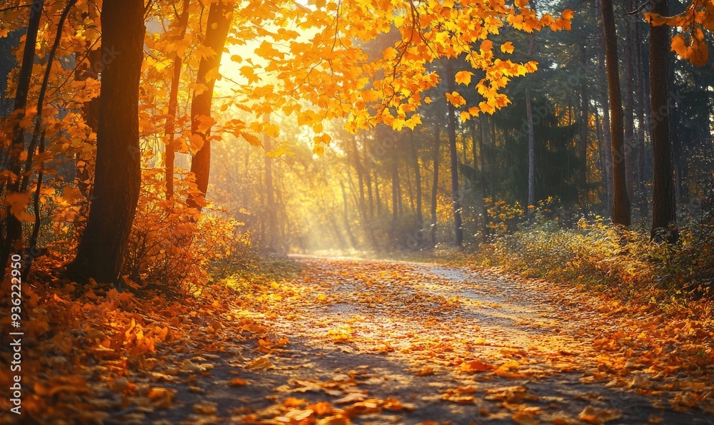 Vibrant autumn view, forest, golden leaves